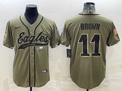 Men%27s Philadelphia Eagles #11 A. J. Brown Olive 2022 Salute To Service Cool Base Stitched Baseball Jersey->philadelphia eagles->NFL Jersey
